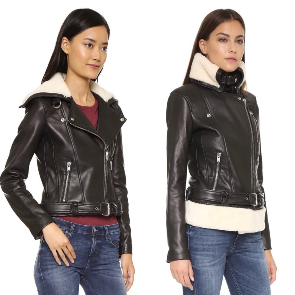 Iro Kohlia Leather and Shearling Moto Jacket Black Ivory 38 4 6 Coat